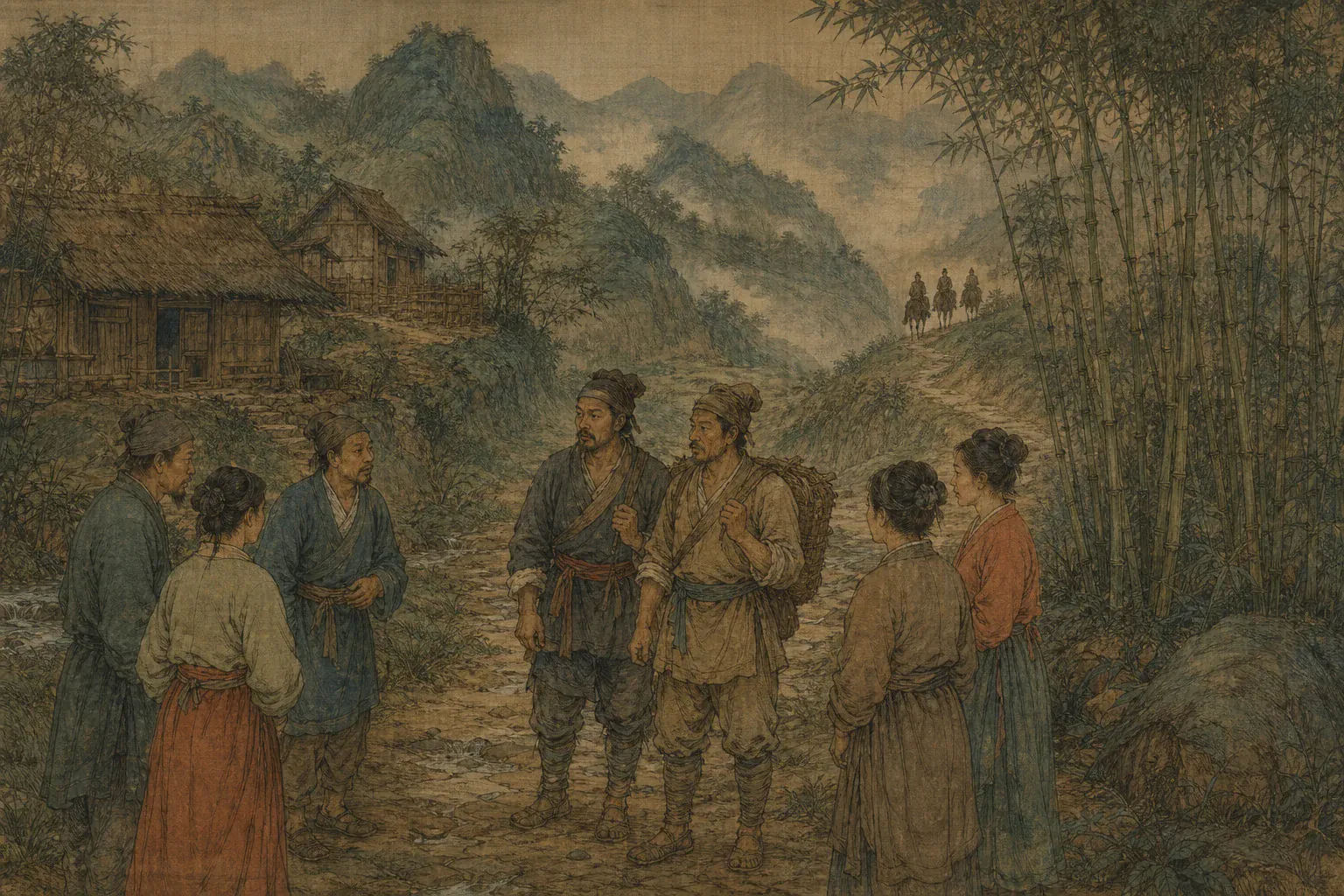 云南山寨百姓围着归来的义军交谈，李定国骑队从密林道路经过。