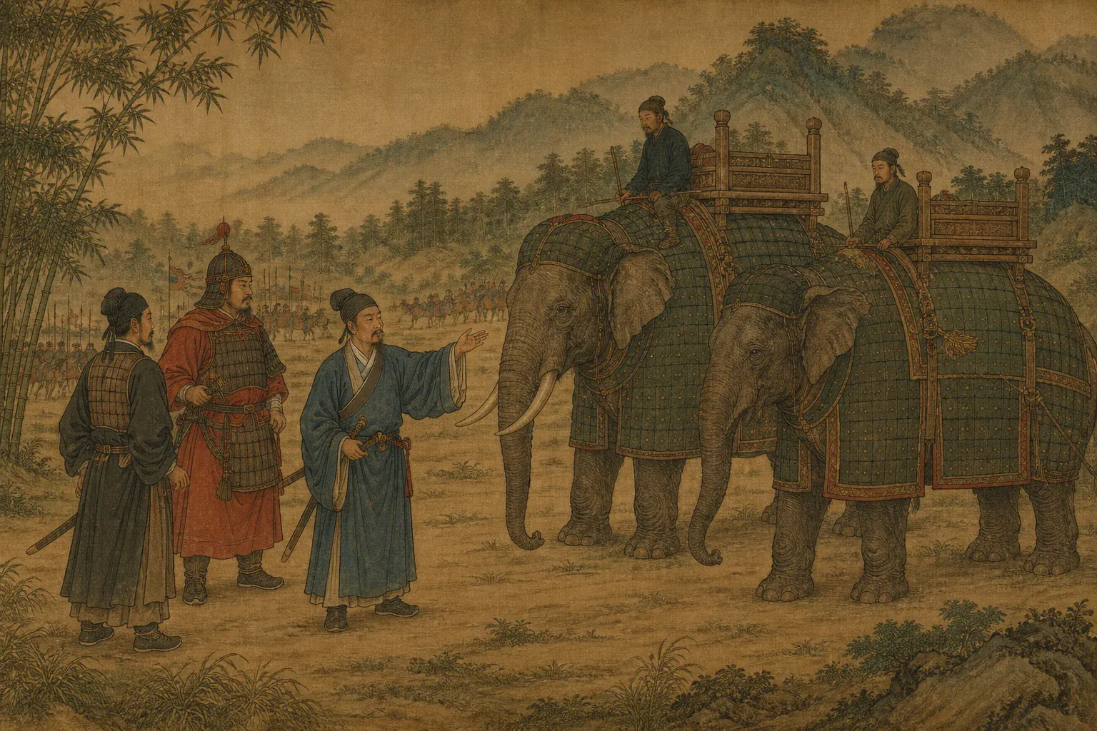 李定国在云南象场观察披甲战象，向将领演示冲乱骑阵的战法。