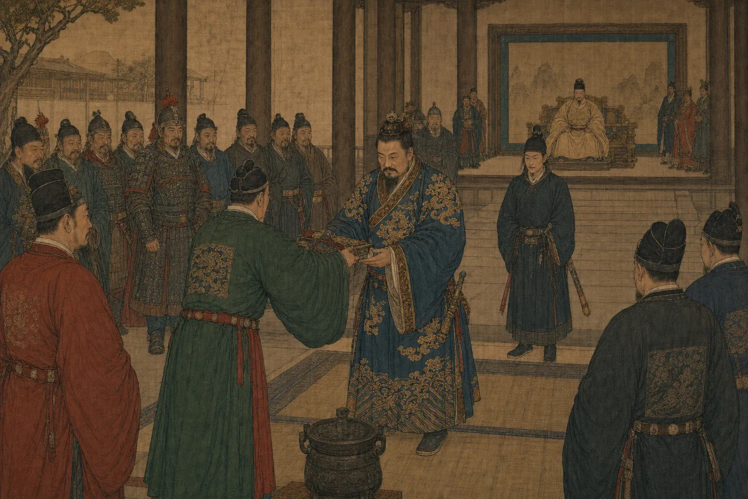永历朝廷的封赏仪式上，孙可望居前受礼，李定国在武将队列中静立。