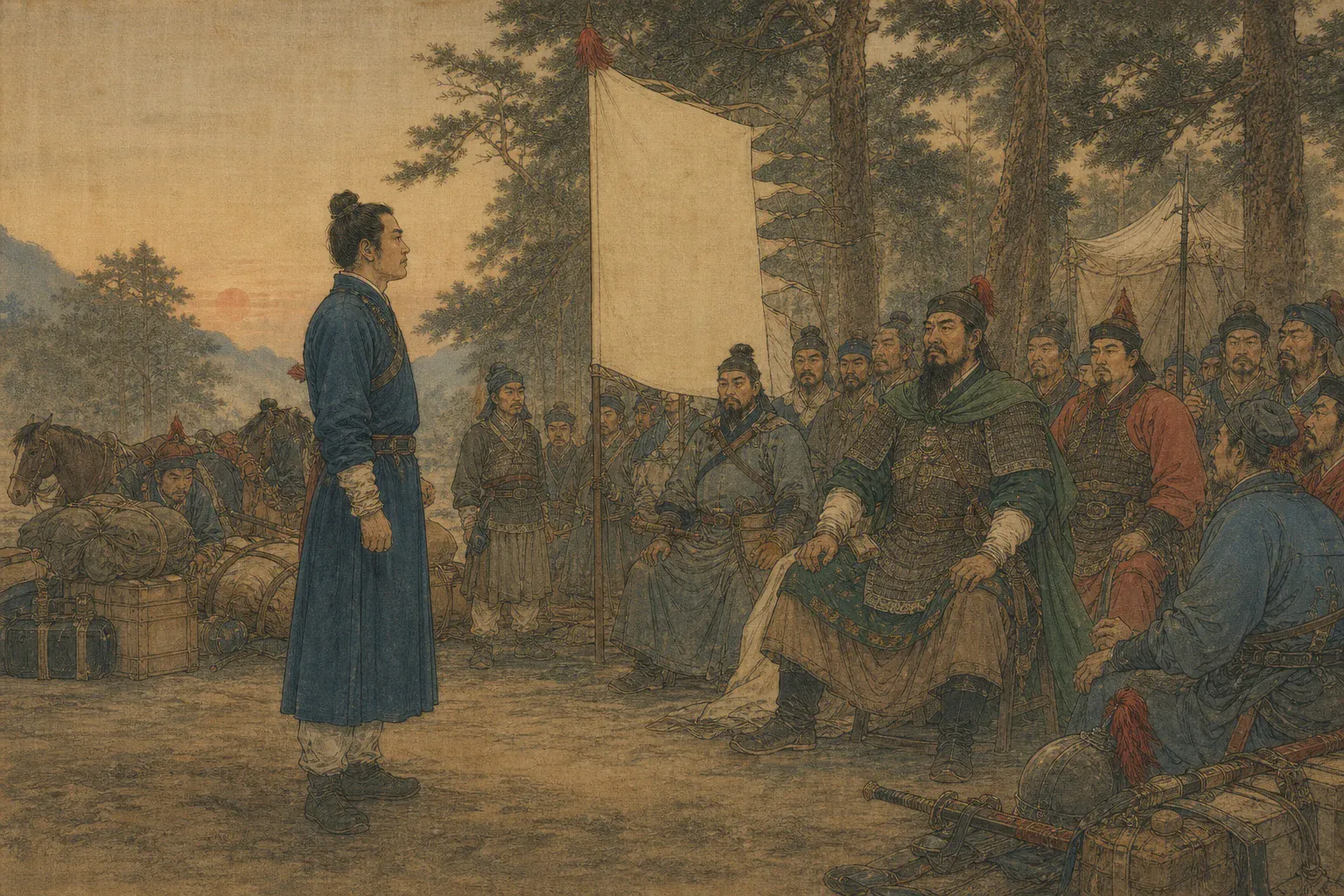 遭受鞭责后李定国主动请缨出滇北伐，将领在无字军旗前集结。