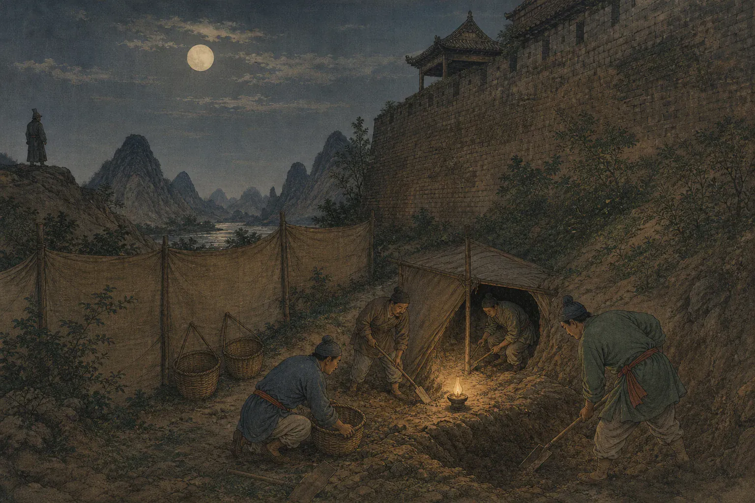 李定国白日佯攻桂林，部下夜间贴近城墙悄然开挖地道。