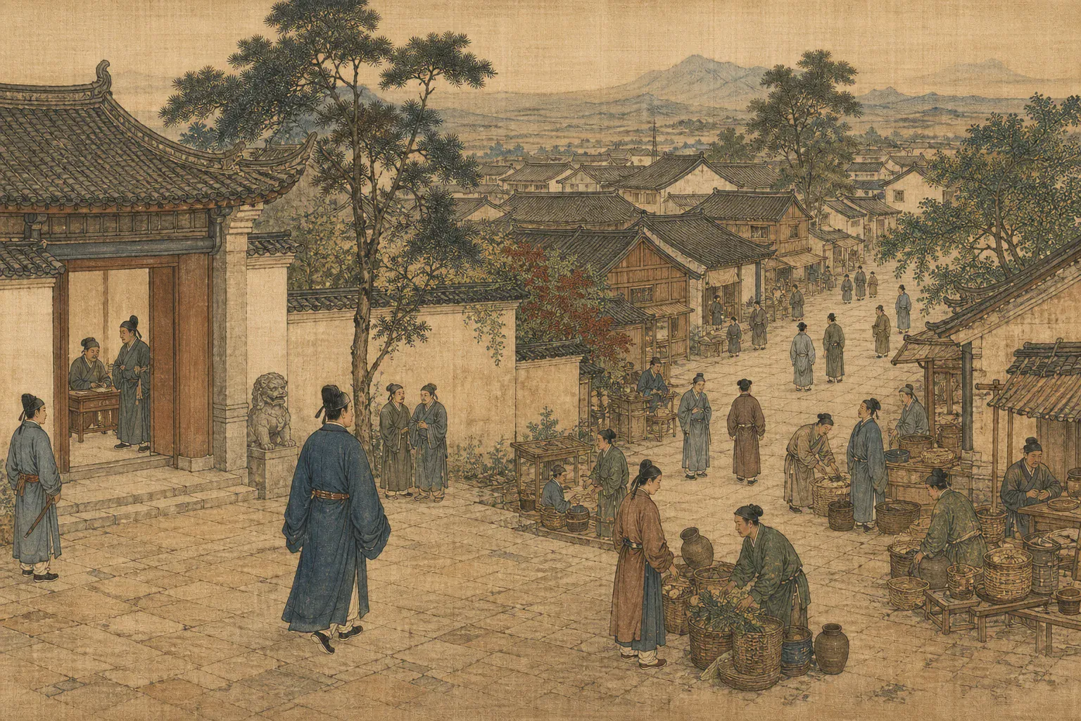 李定国在昆明巡视整修后的衙署与街市，永历朝官员恢复日常秩序。