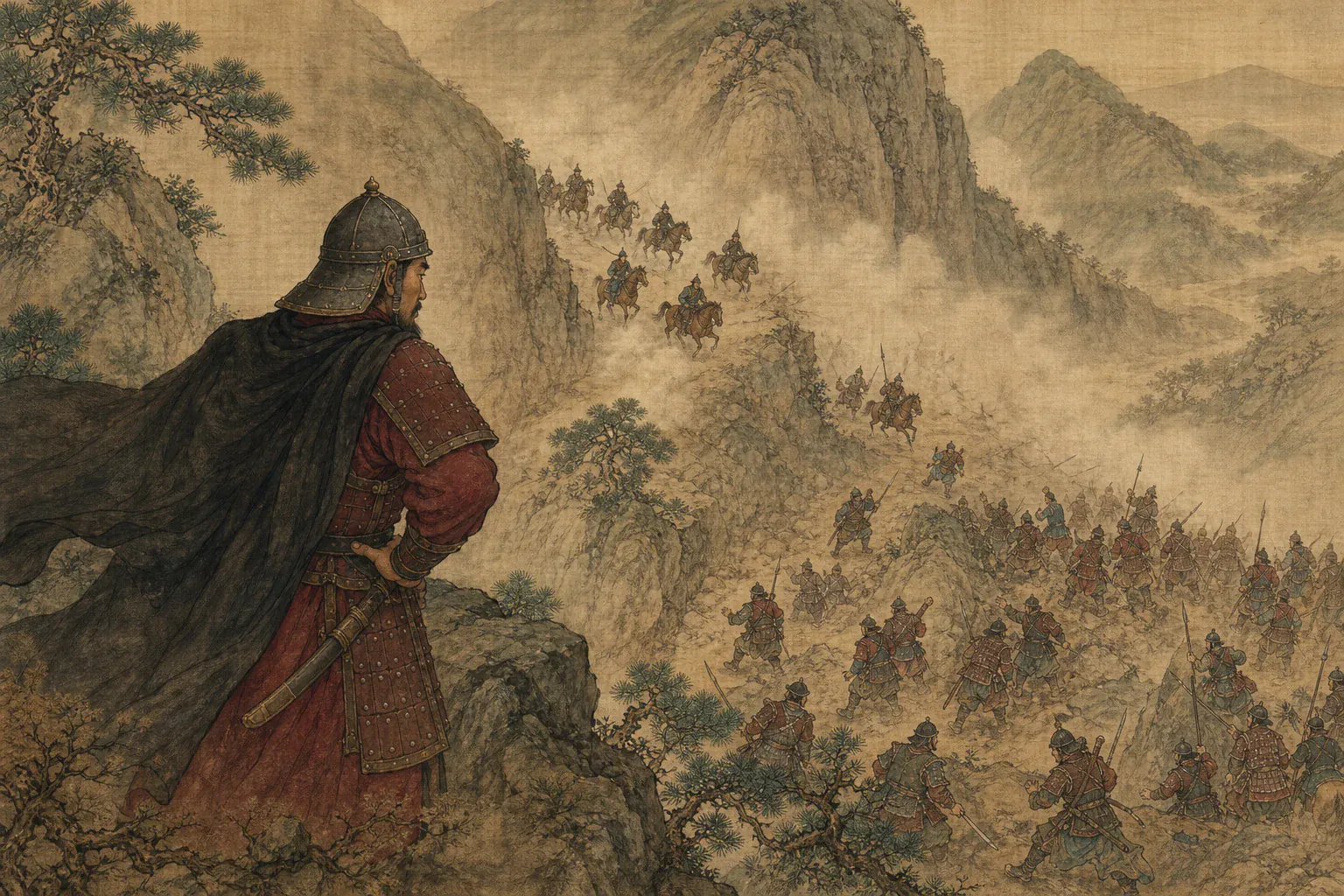 李定国在磨盘山高处俯看被叛徒扰乱的伏击阵，清军从缺口突围。