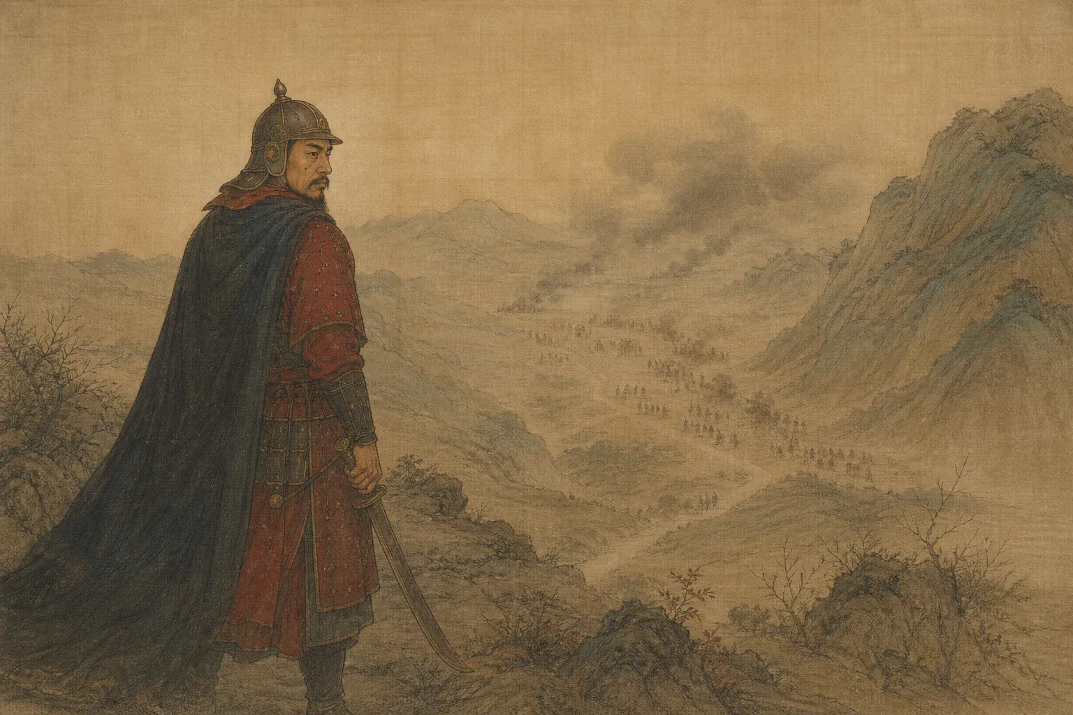 李定国独立磨盘山头回望破碎伏击阵，沉痛反思败局。