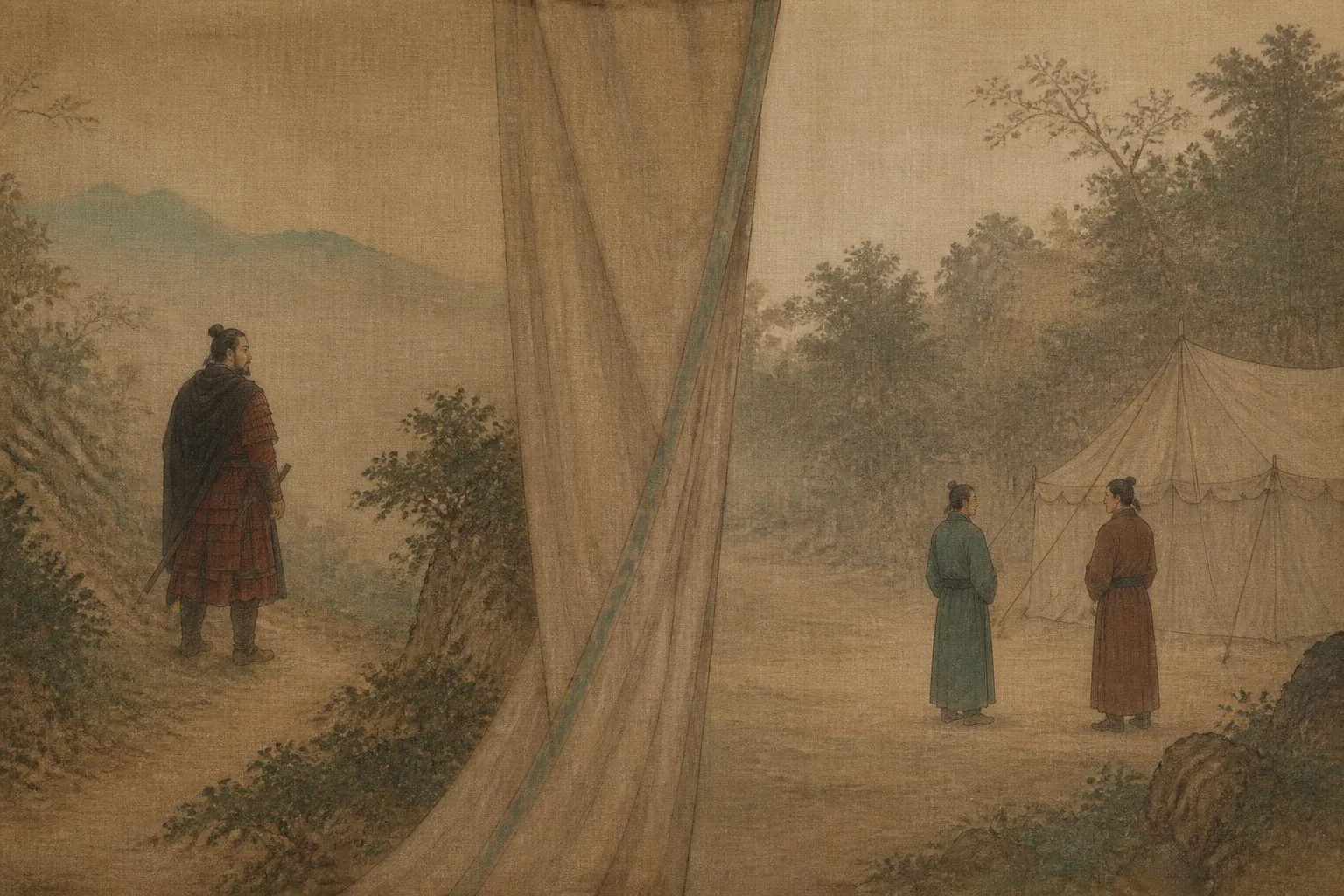 李定国史实人物远影与小说承载角色分处帘幕两侧，呈现史料和虚构边界。