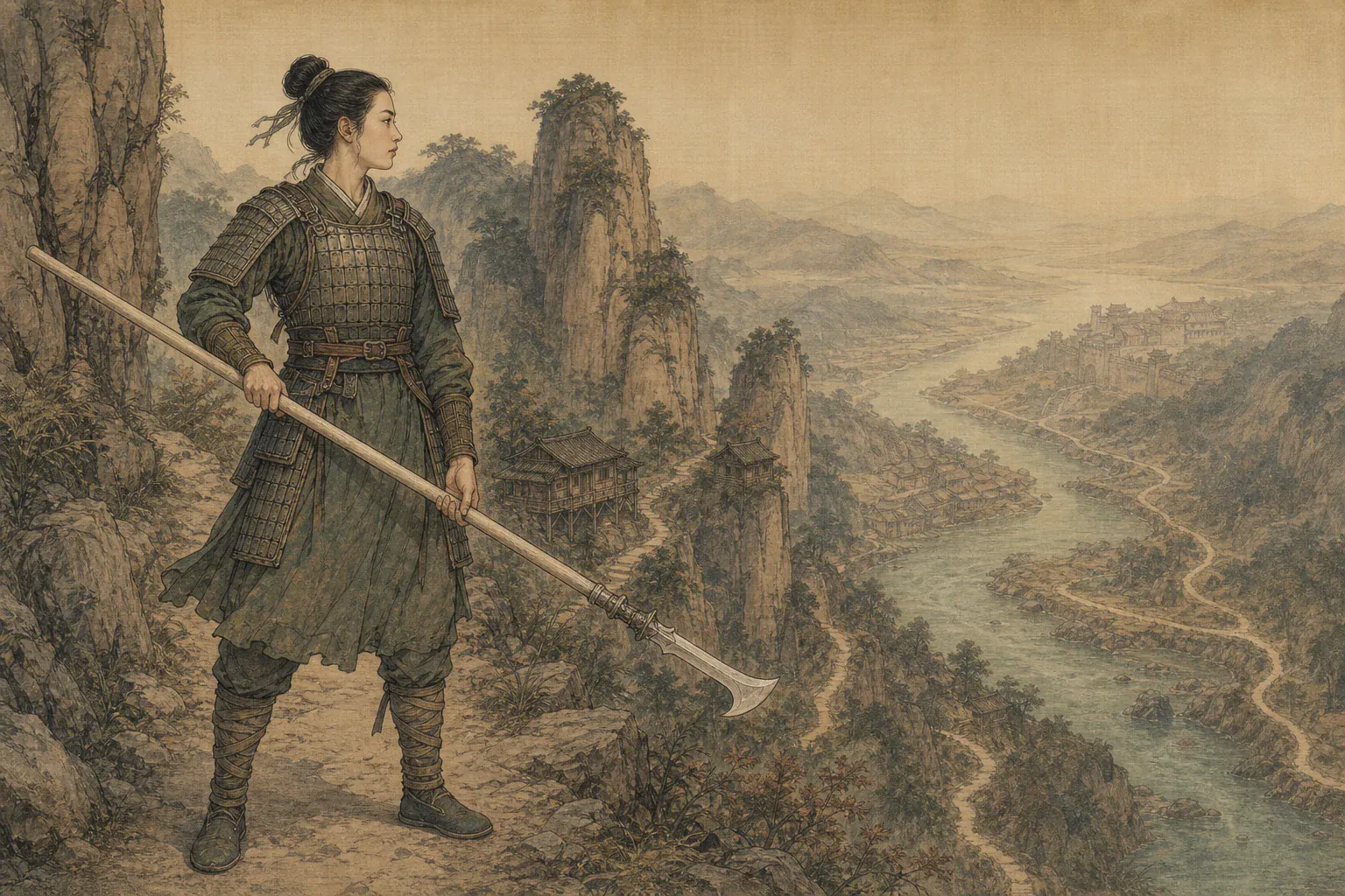 秦良玉携代表性器物立于本篇核心地貌，远景串联其经历的重要道路、城关与战场。