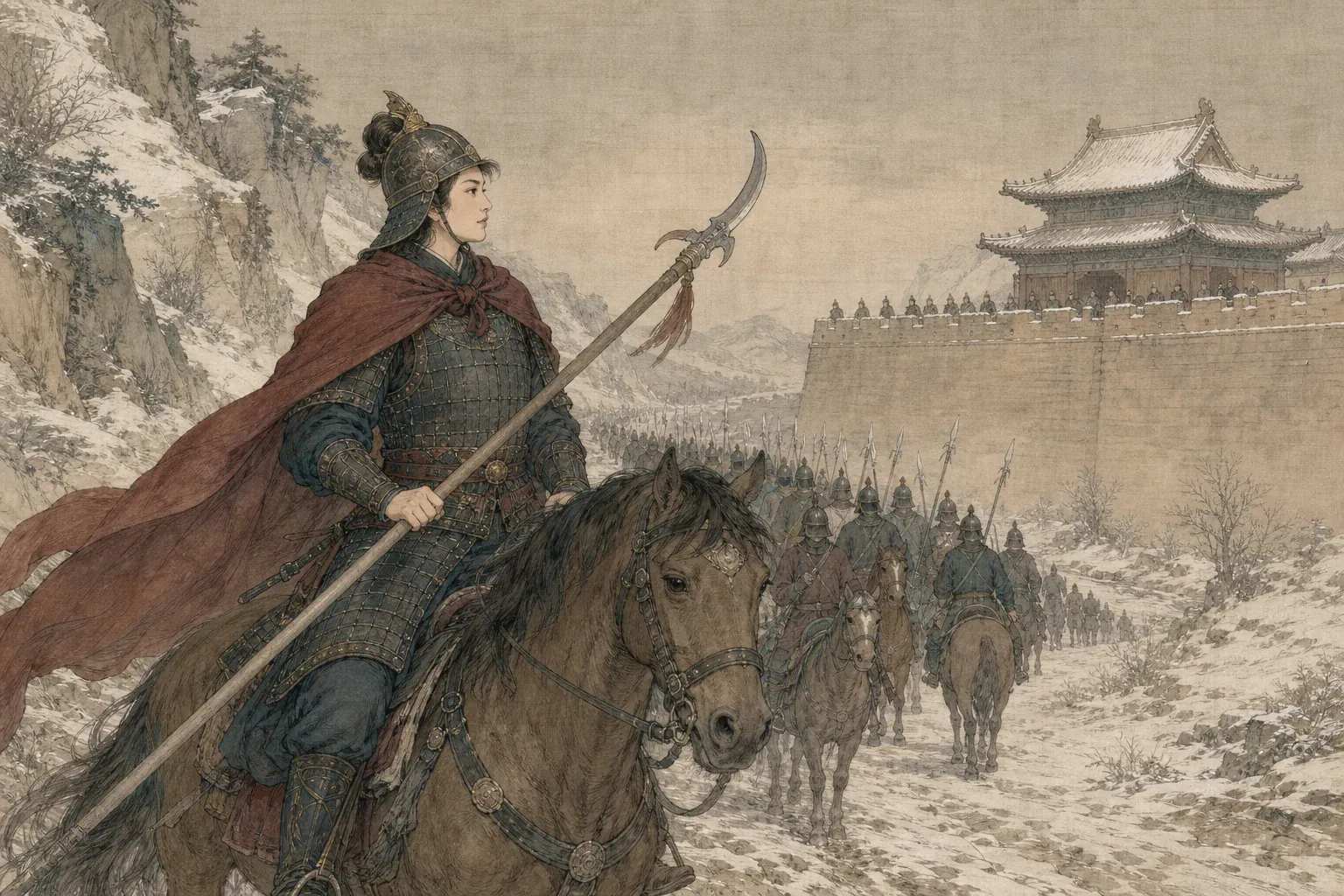 秦良玉率白杆兵日夜兼程抵达勤王终点，京城守军在城楼迎望。