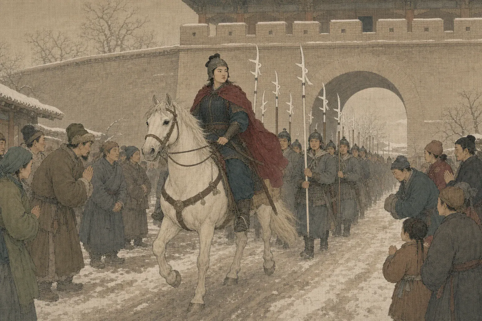 北京百姓在德胜门下认出骑白马的秦良玉，纷纷向白杆兵让路。