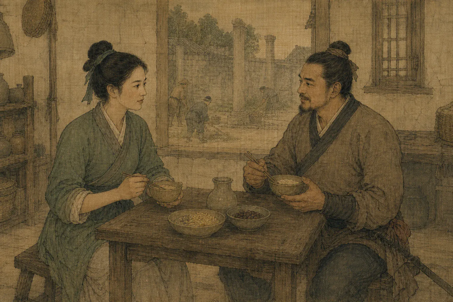 秦良玉与马千乘在忠州简朴官舍共食粗饭，窗外百姓安静劳作。
