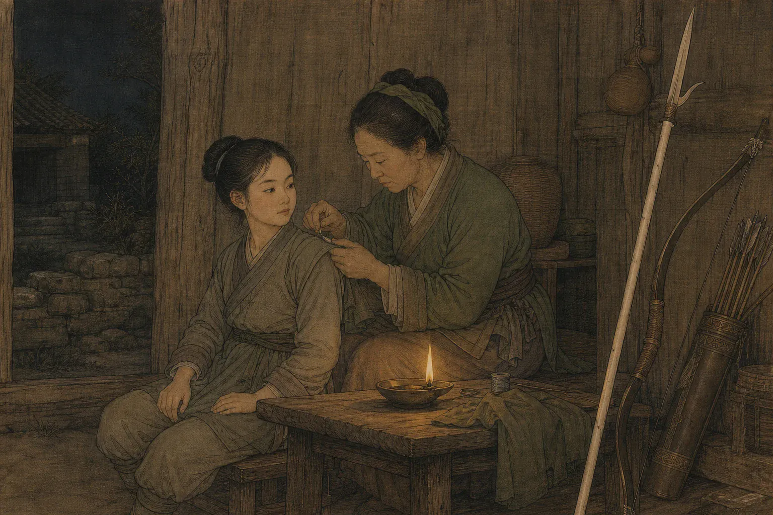 秦良玉母亲在灯下为女儿缝制利于骑射的短衣，弓箭靠在案旁。