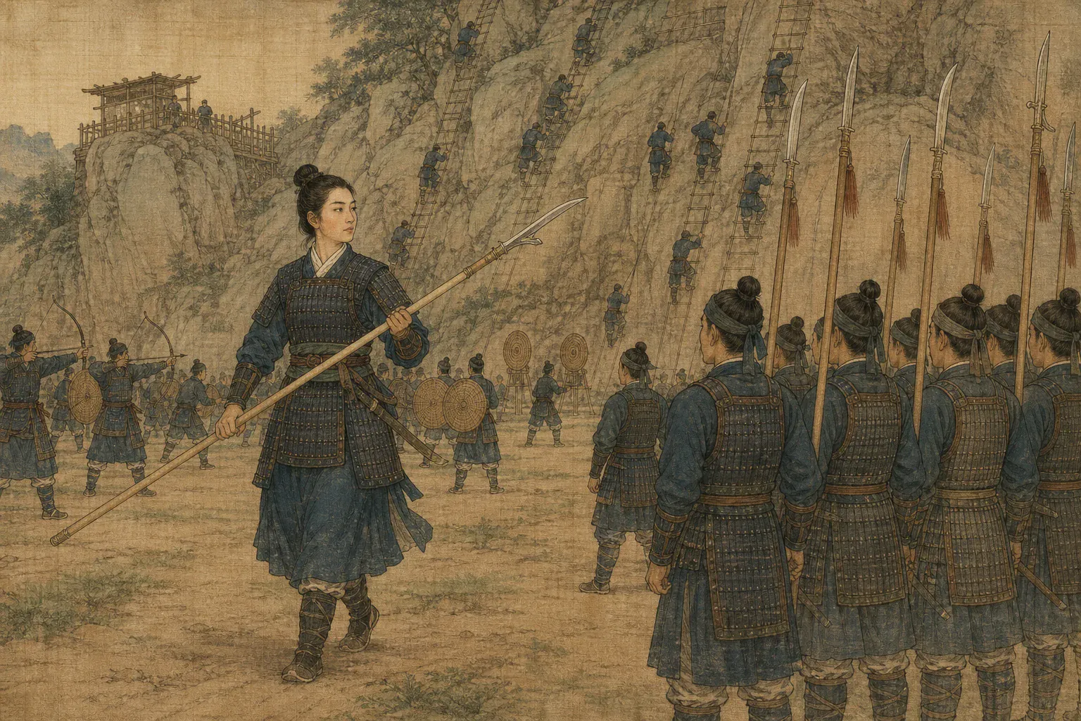 白杆兵在校场操练列队、长枪、攀崖与射箭，秦良玉逐项巡视。