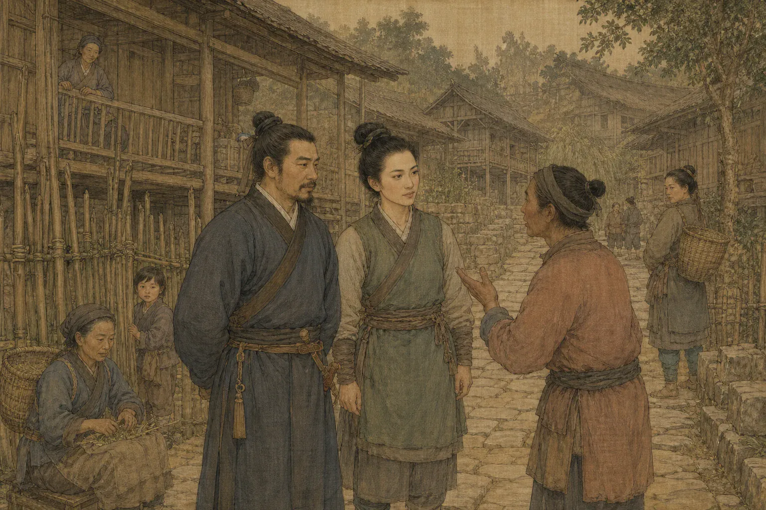 马千乘走入土家村寨察看民生，秦良玉随行倾听寨民陈说。