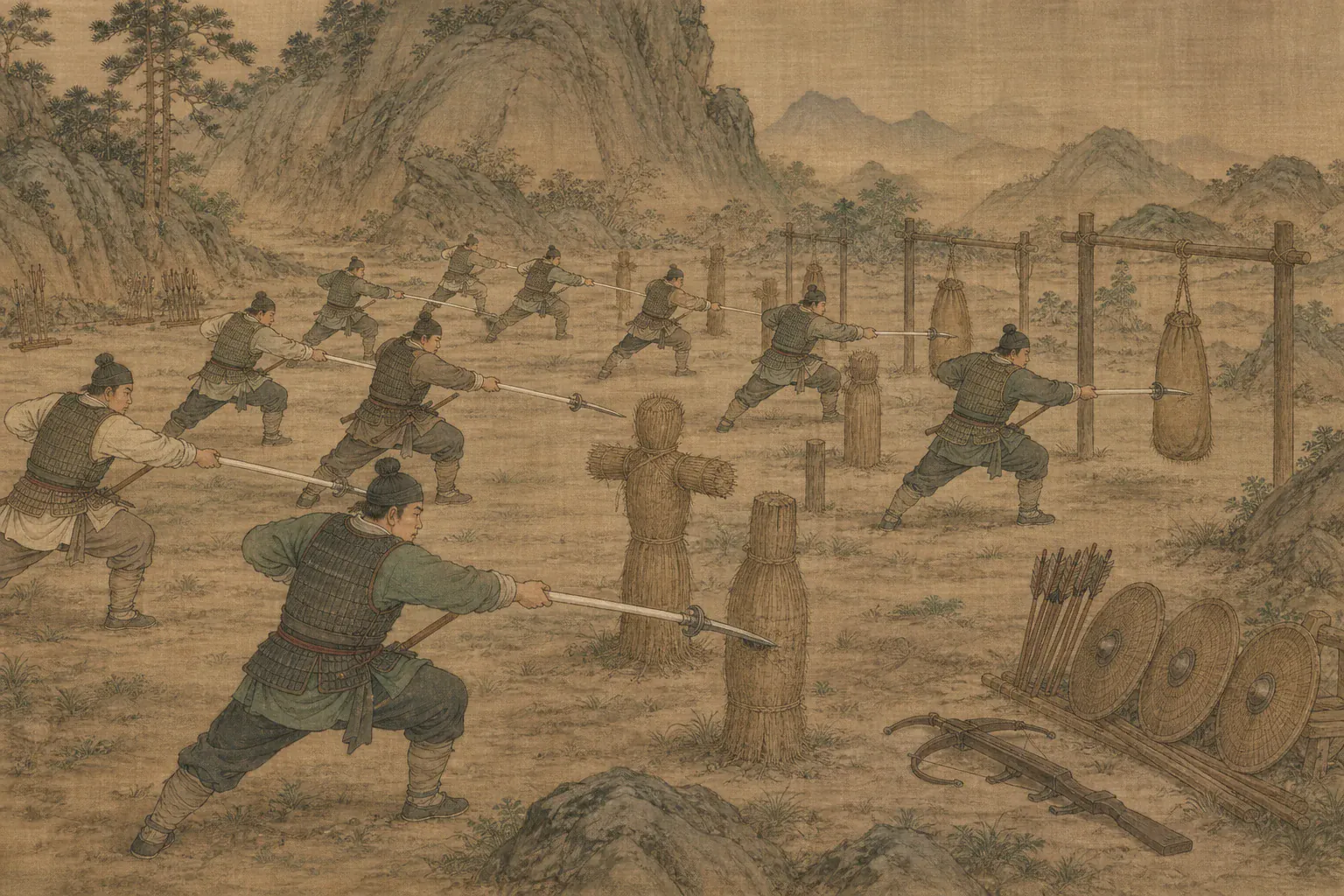 白杆兵以白木长枪反复刺击草人、树桩和悬挂沙袋，阵列进退一致。