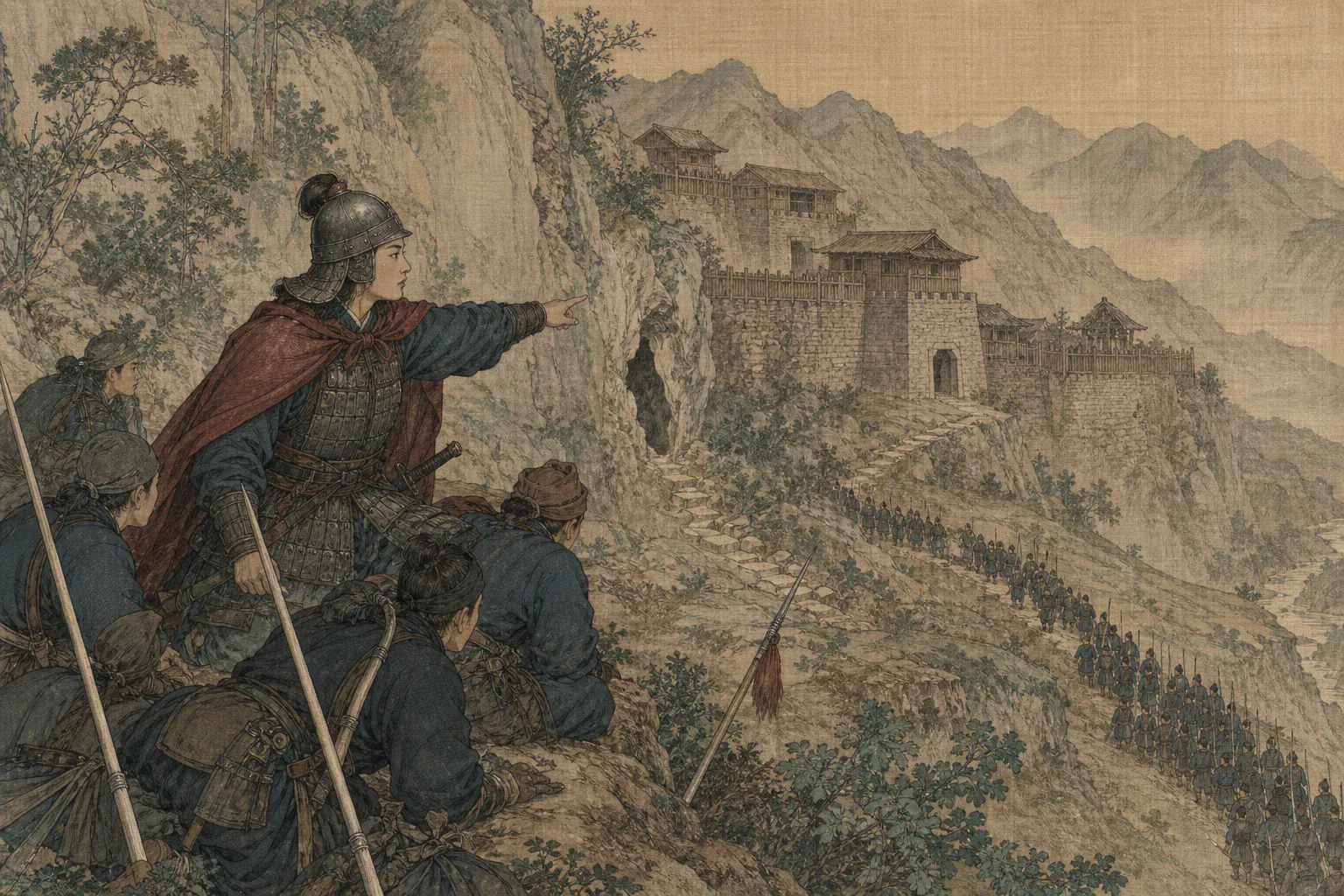 秦良玉带五百白杆兵在山坡观察杨应龙寨墙，寻找可供突入的缺口。