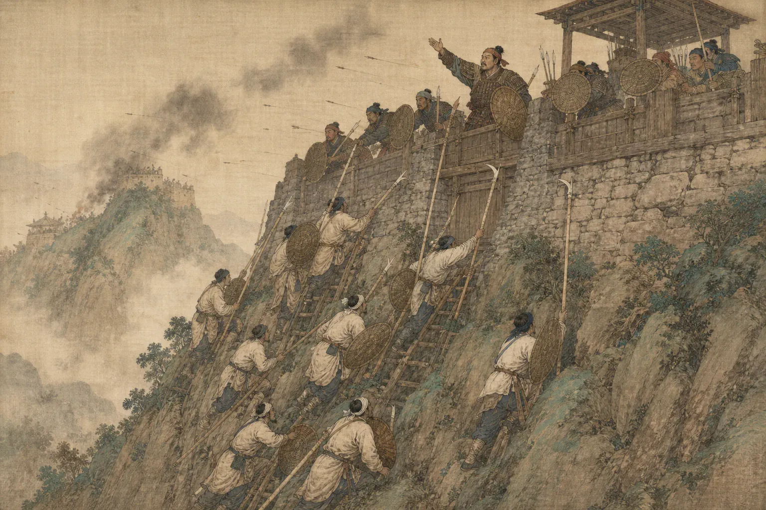 白杆兵沿山寨墙梯次攀攻，杨朝栋站在高处指挥守军抵挡。