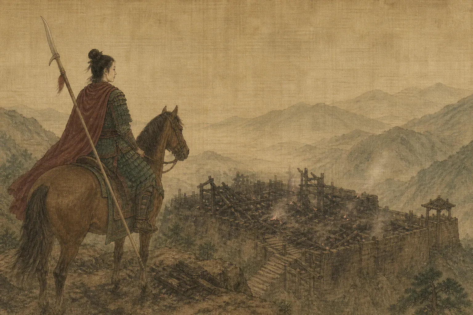 秦良玉骑马登上海龙囤，面对烧毁宫殿与焦黑山寨默然停驻。