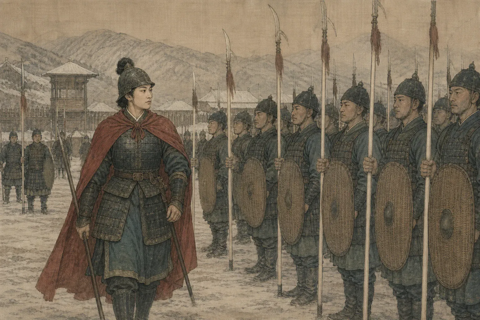 白杆兵长枪阵在演武场整齐驻立，秦良玉从阵前逐列检视。