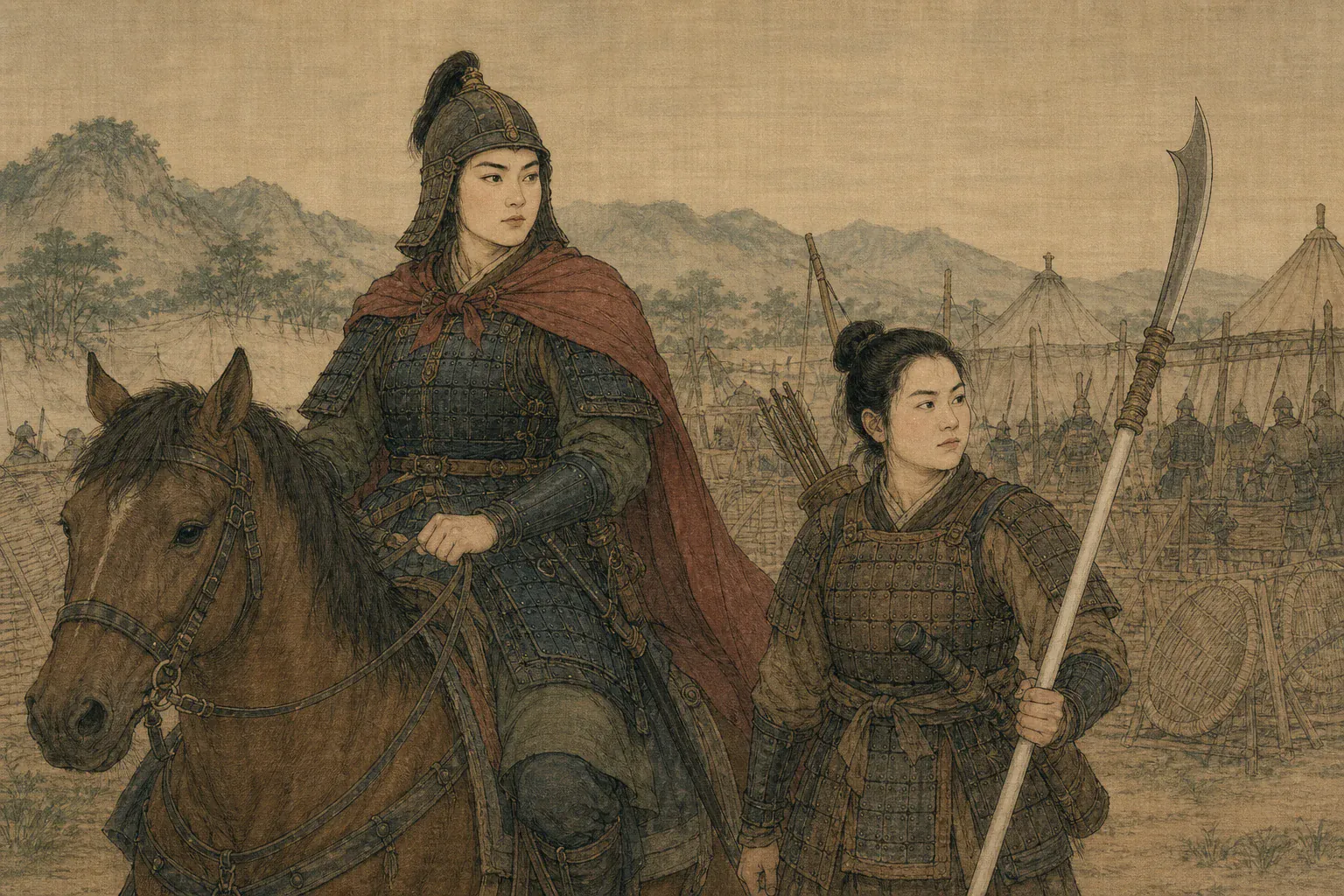 女亲兵阿依随秦良玉策马巡营，背负弓箭并手持白木长矛。
