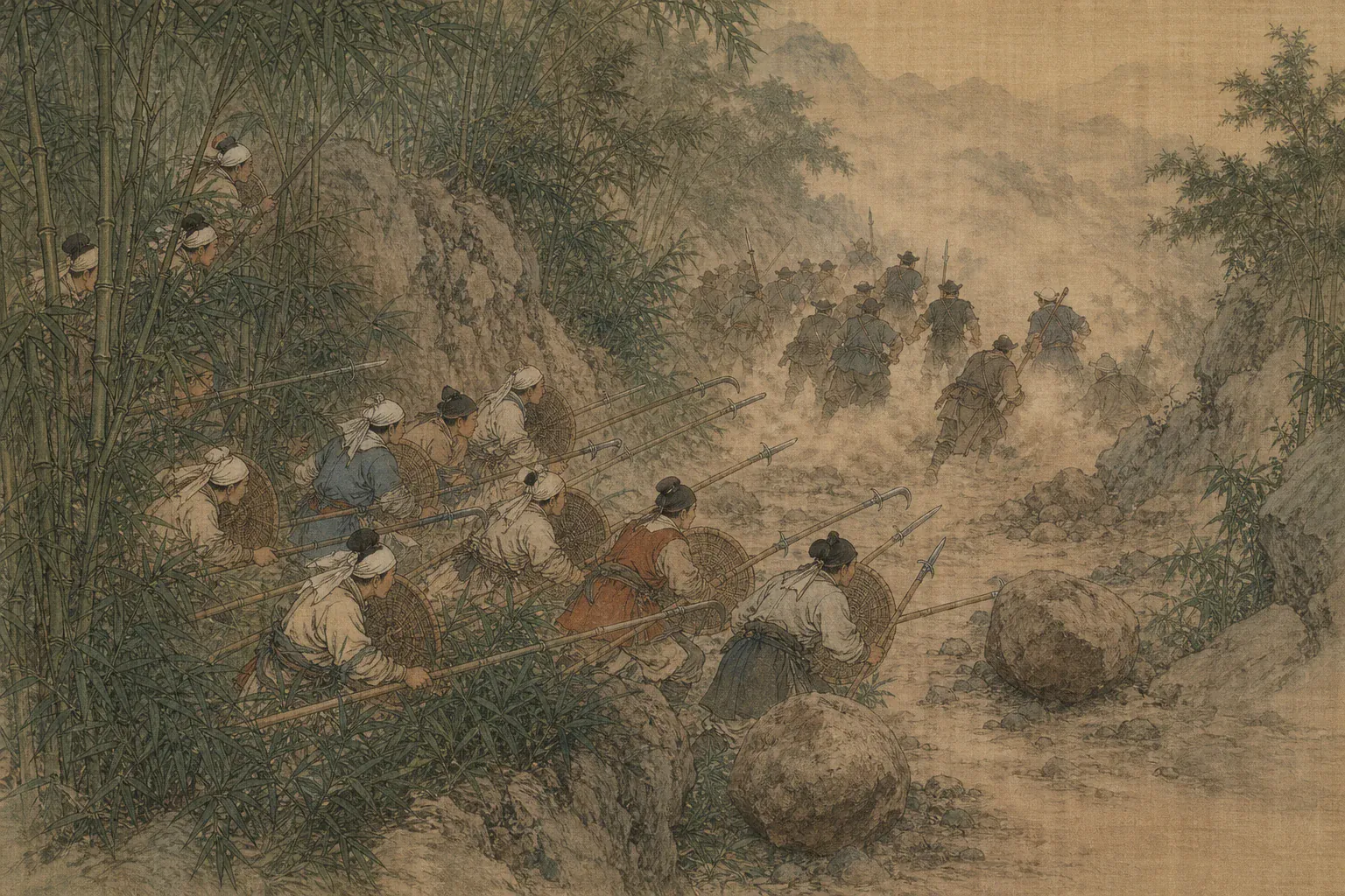 白杆兵从山道两侧伏地冲出，滚石和长矛迫使叛军队形散乱。