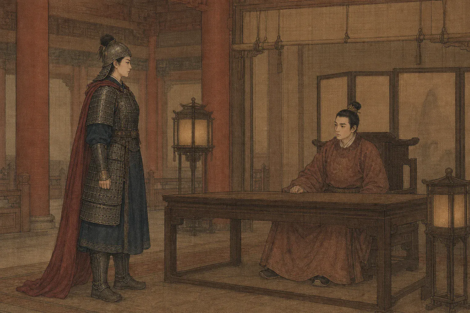秦良玉披银盔铁甲立于紫禁城大殿，崇祯帝在龙案后接见。