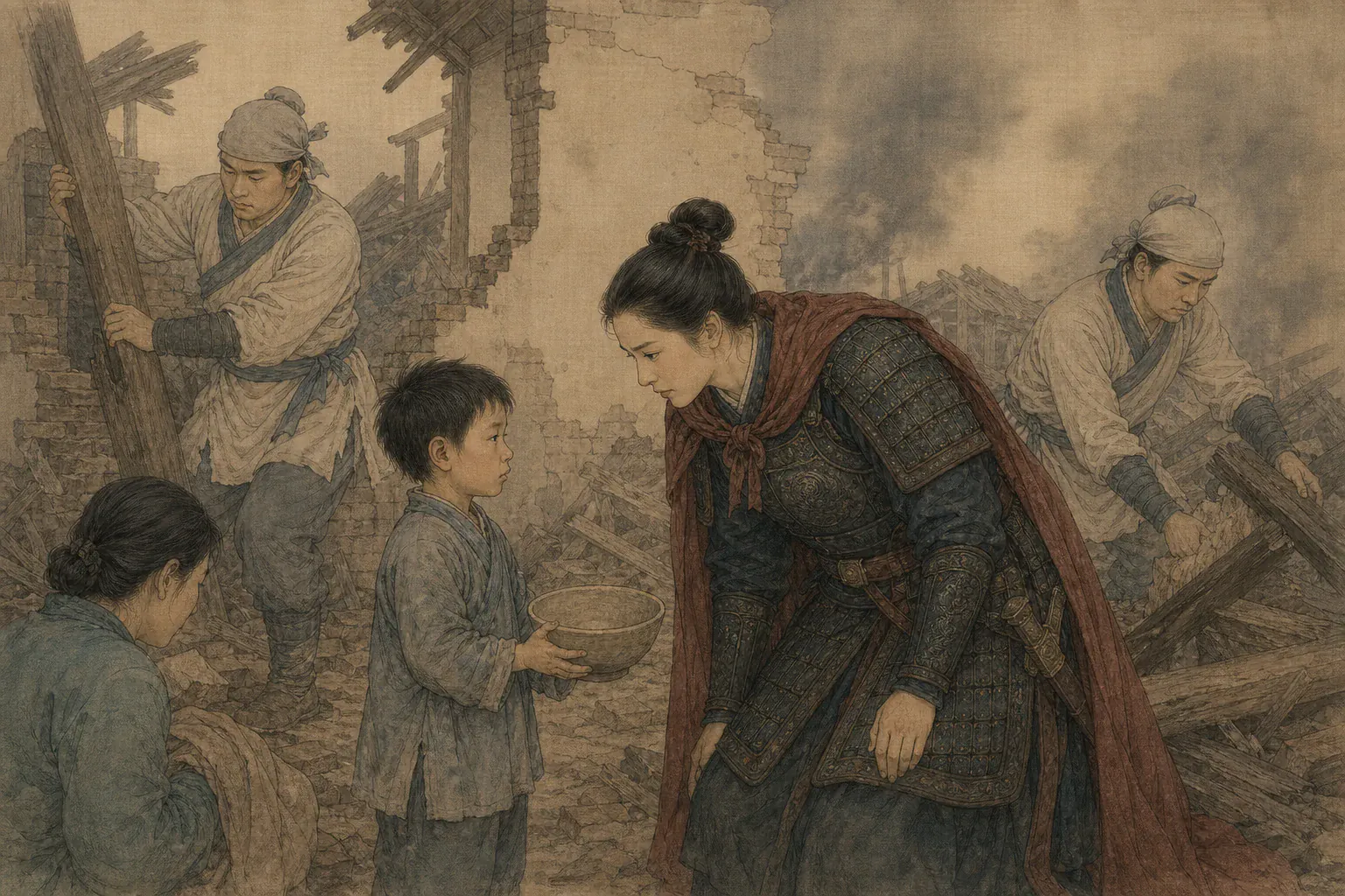 白杆兵从战后废墟中救出抱空碗的瘦弱孩童，秦良玉俯身查看。