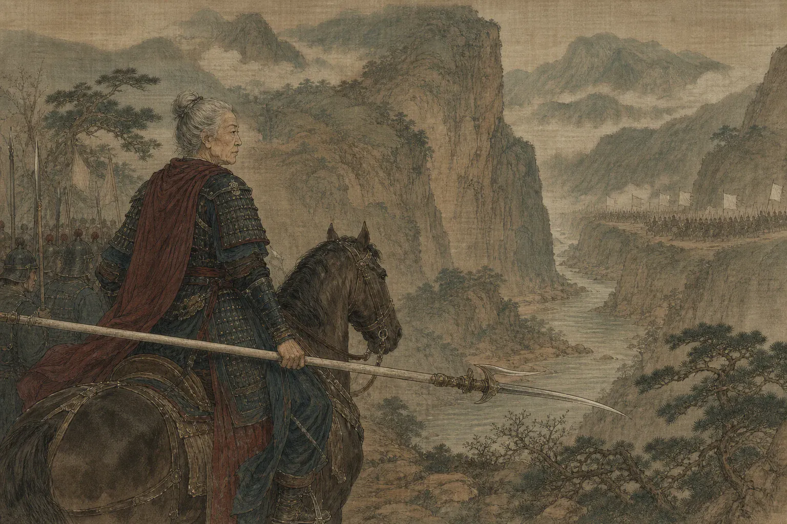 年迈秦良玉骑马横矛立于夔州阵前，与远处张献忠军隔谷对峙。