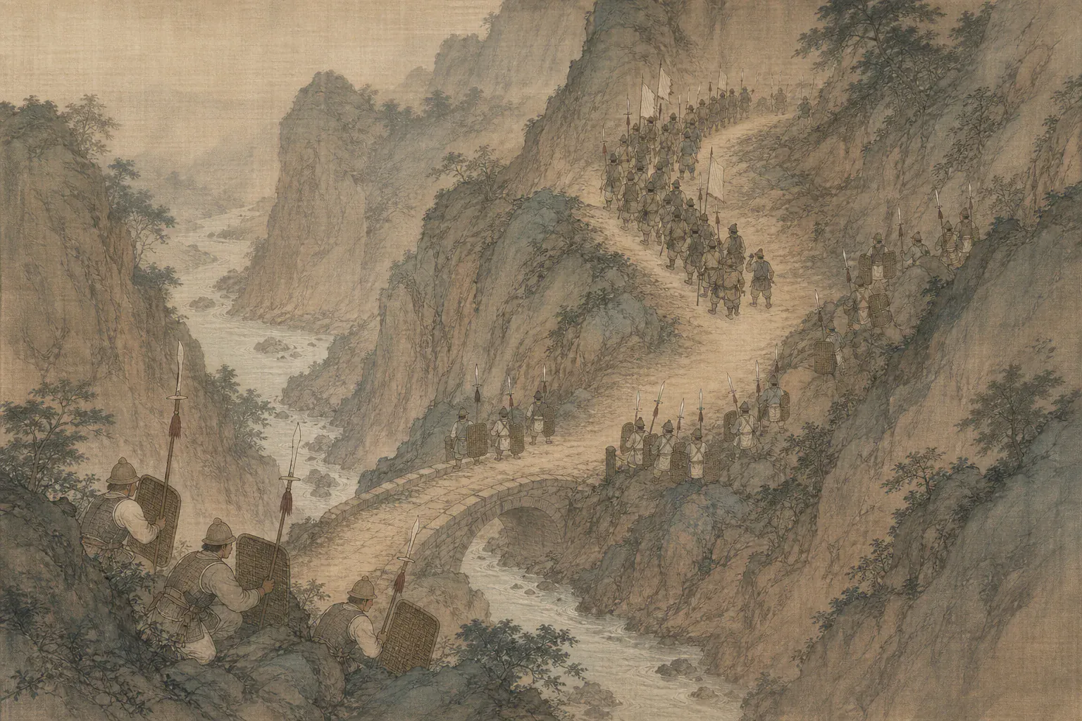 张献忠部被阻在夔州狭窄山谷，前后两支白杆兵封住进退道路。