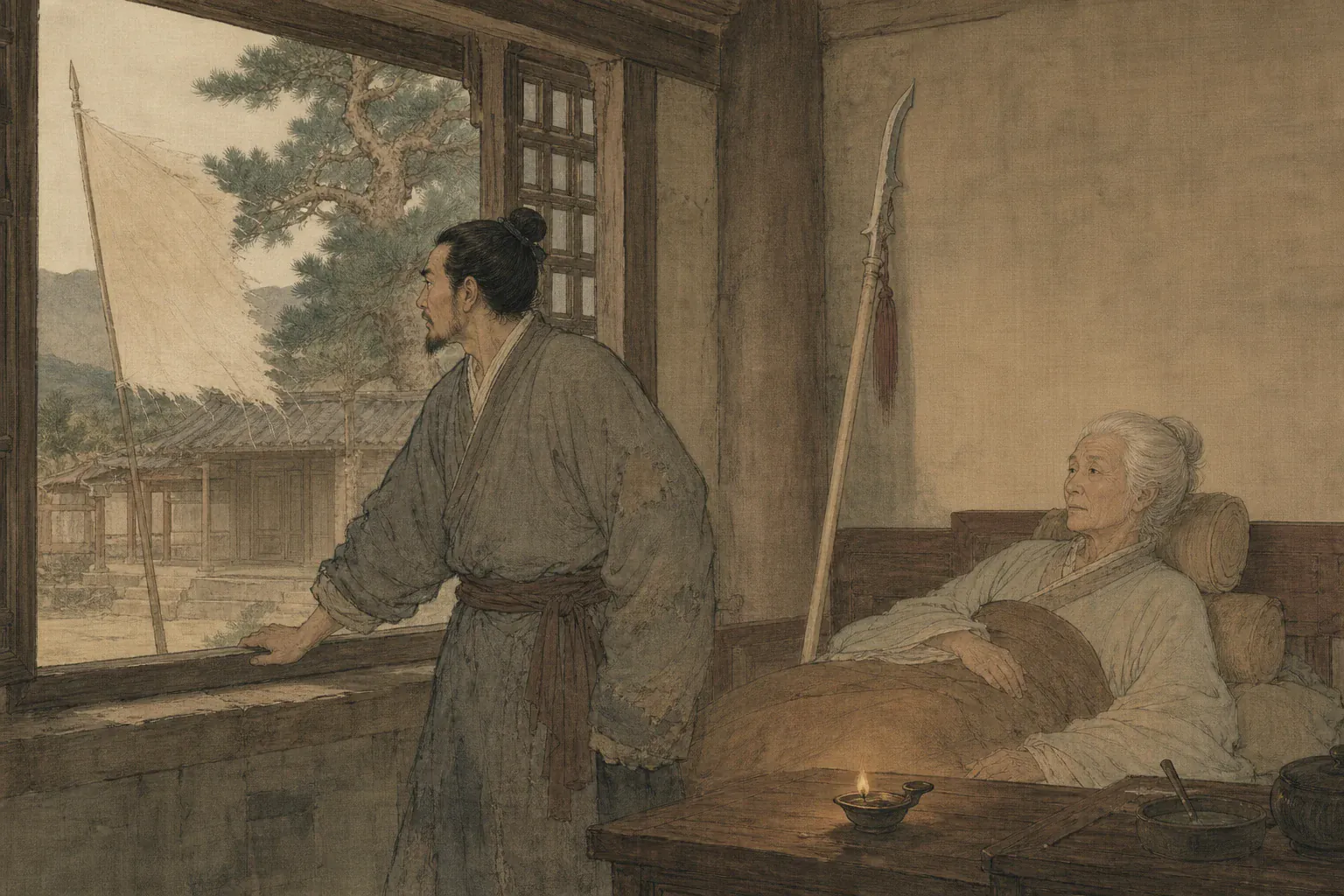 马祥麟推窗望见庭中磨损的无字明军旗，病榻上的秦良玉安静回望。