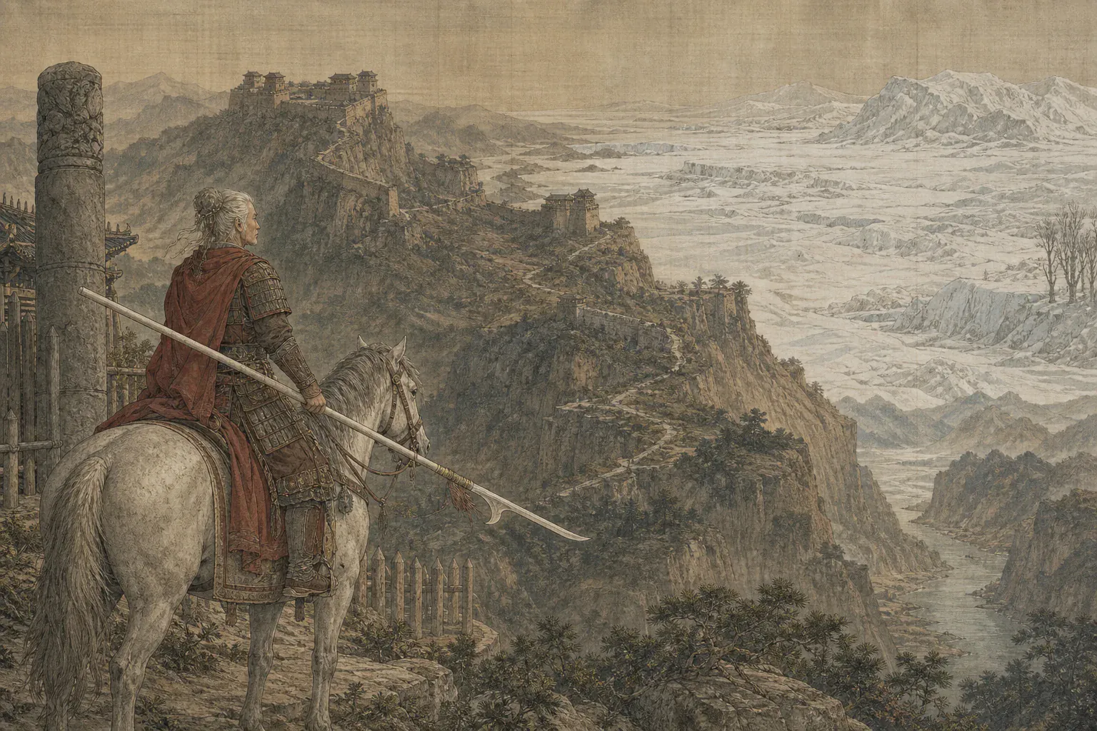 暮年秦良玉骑马持白杆守望石柱，远景叠映播州、辽东与夔州山河。