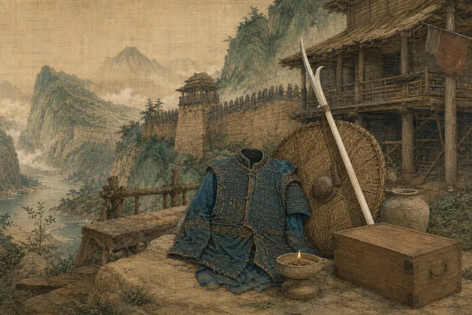 秦良玉时代遗址、代表性兵器与无字史料器物在本篇核心地貌前分层陈列。