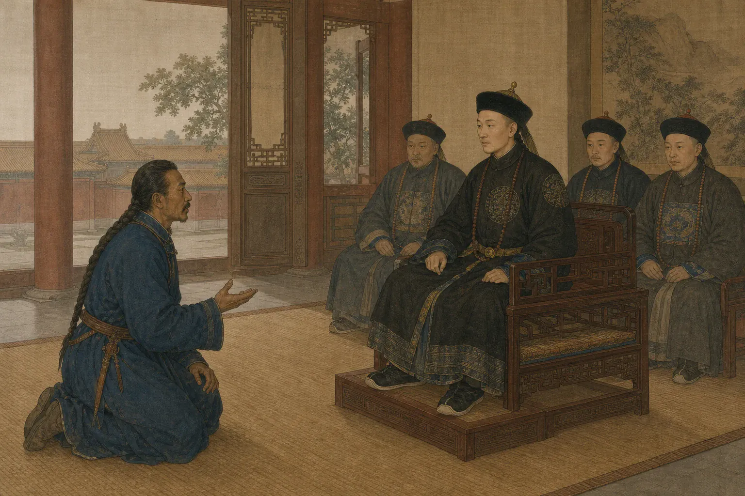 渥巴锡跪在承德御前陈述部众苦难，乾隆与群臣肃然聆听。