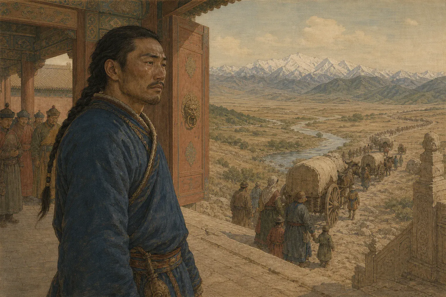 渥巴锡起身含泪回望，远景叠映从伏尔加河迁往伊犁的漫长队伍。