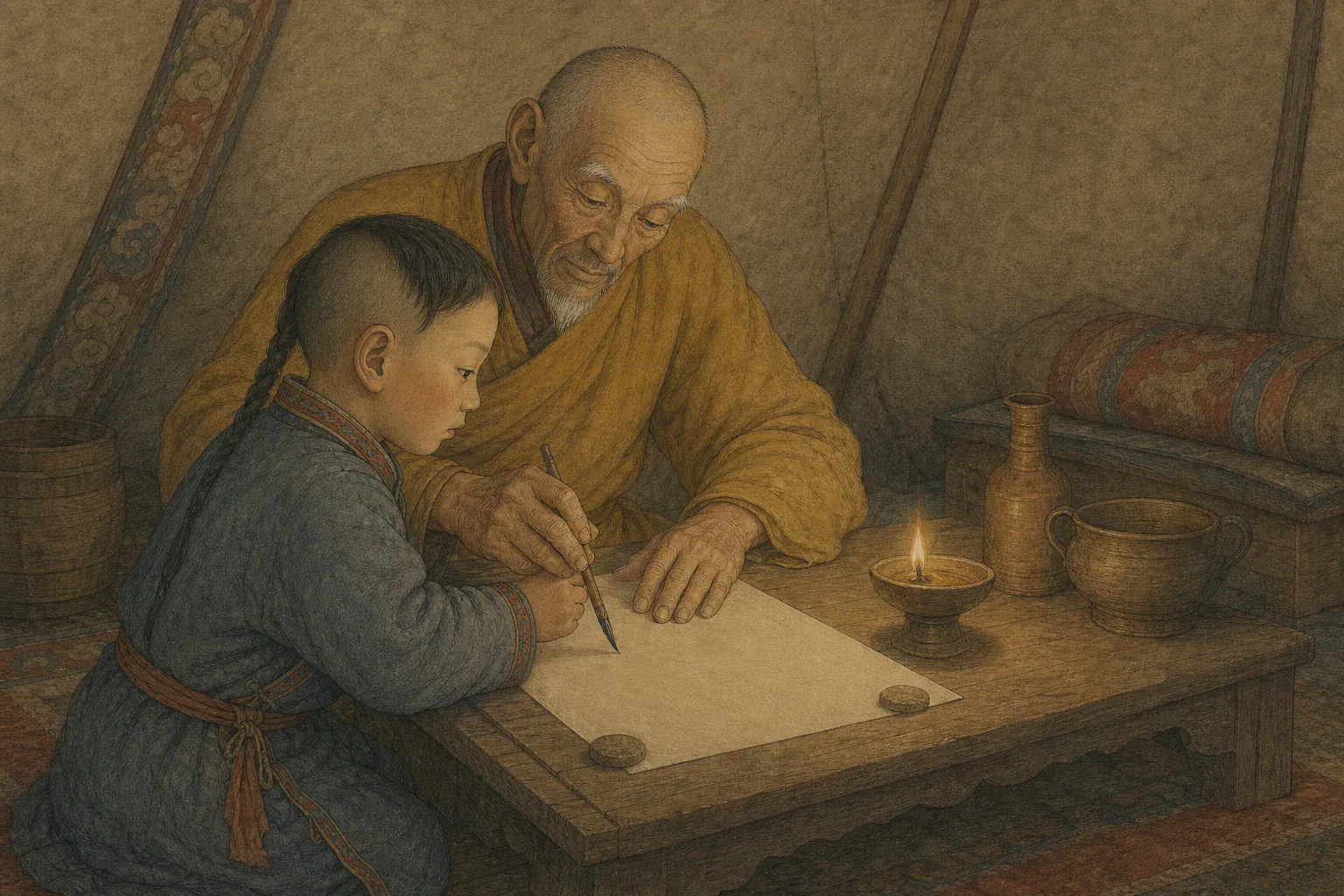 伏尔加河畔毡帐内，老喇嘛在油灯下握着孩子的手练习运笔，空白纸面背向观者。
