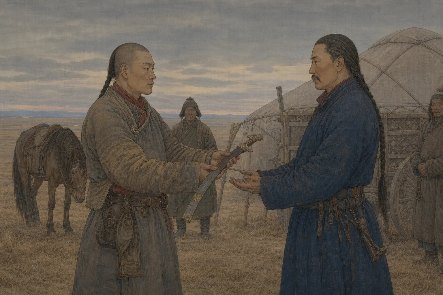 巴雅尔风尘仆仆返回草原，将一把旧马刀郑重交到渥巴锡手中。