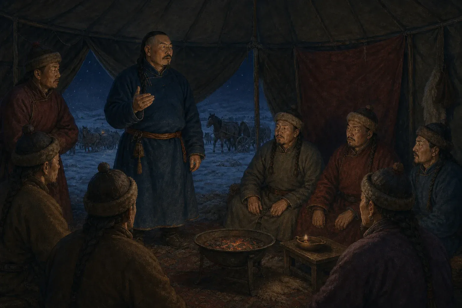 雪夜会盟中，渥巴锡向王公说明沙皇征走全部青壮的威胁。