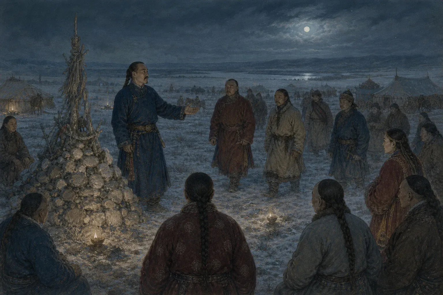 渥巴锡借祭敖包召集分散部众，王公与牧民在雪夜悄然汇合。