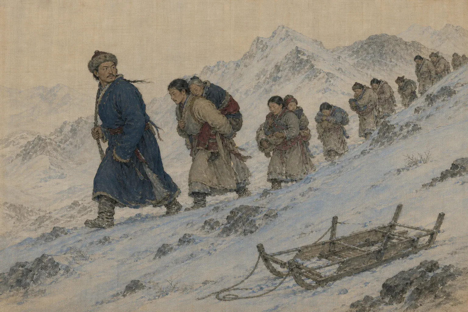 东归部众结队翻越雪山，青壮背负老人儿童，空雪橇遗在险坡下。