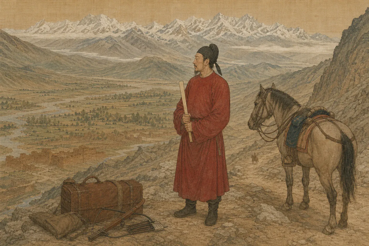 王玄策携代表性器物立于本篇核心地貌，远景串联其经历的重要道路、城关与战场。