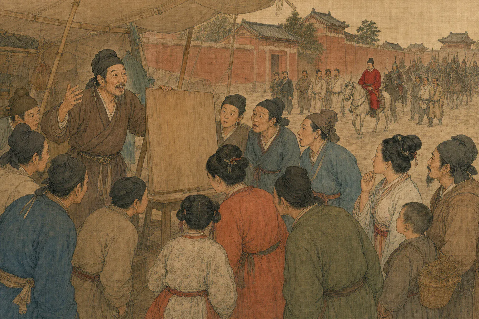 长安百姓围着说书人惊叹王玄策借兵反攻并押俘归朝的消息。