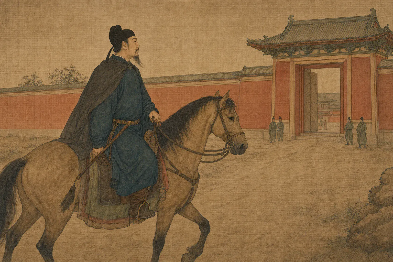 中年王玄策骑马来到长安宫阙前，腰间旧节旄毛已磨损大半。