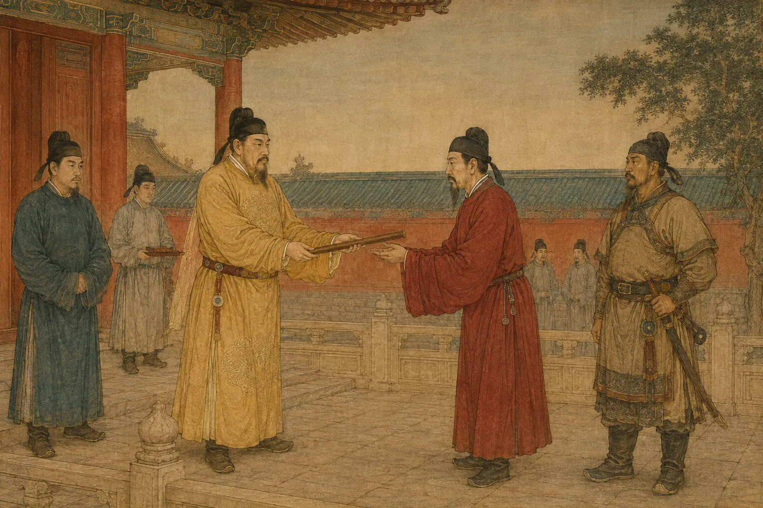 唐太宗在殿前将王玄策与蒋师仁一文一武配为出使同伴。