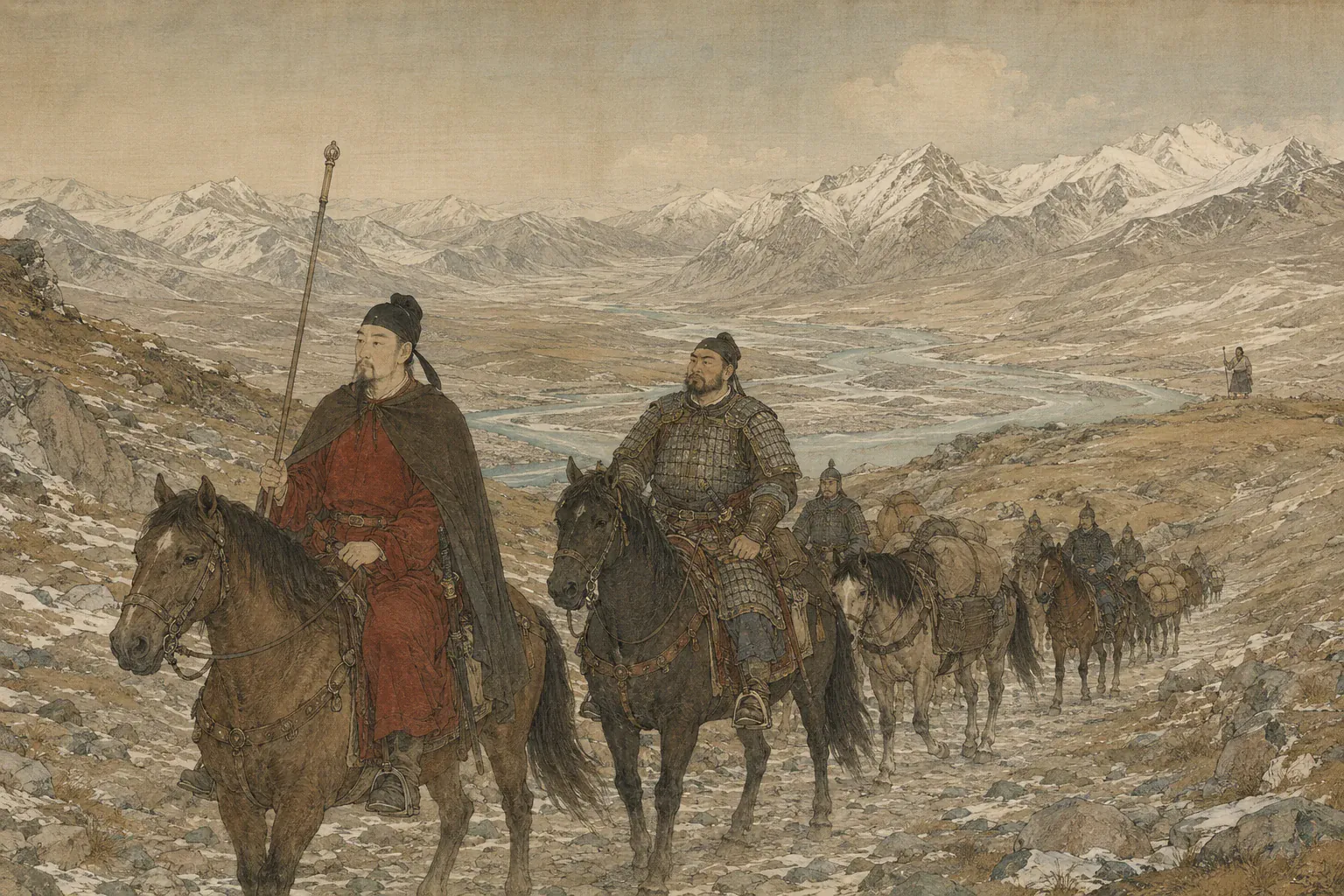 王玄策与蒋师仁率使团越过凉州、陇右和河源，进入吐蕃高原。