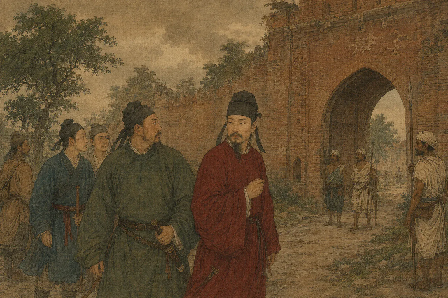 王玄策站在曲女城宫门前回望同伴，蒋师仁已把手按在刀柄。