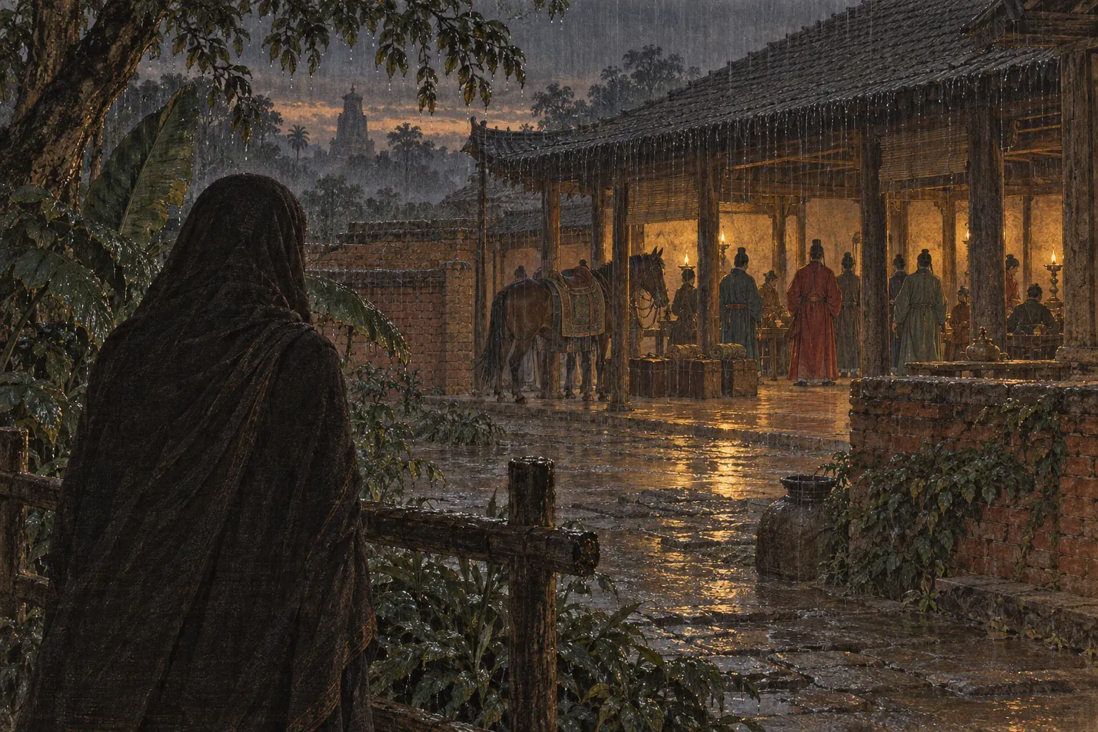 披黑纱的陌生人停在驿馆栏外，隔着雨幕观察王玄策一行。