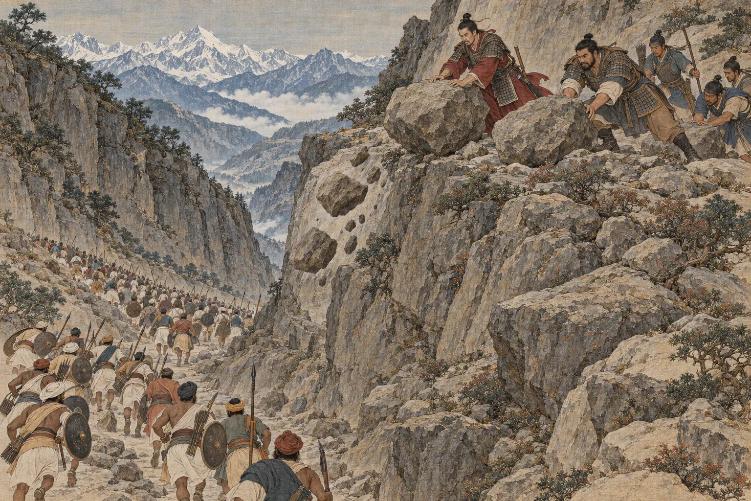 百名追兵冲入乱石坡谷口，王玄策伏兵从高处推石截断退路。