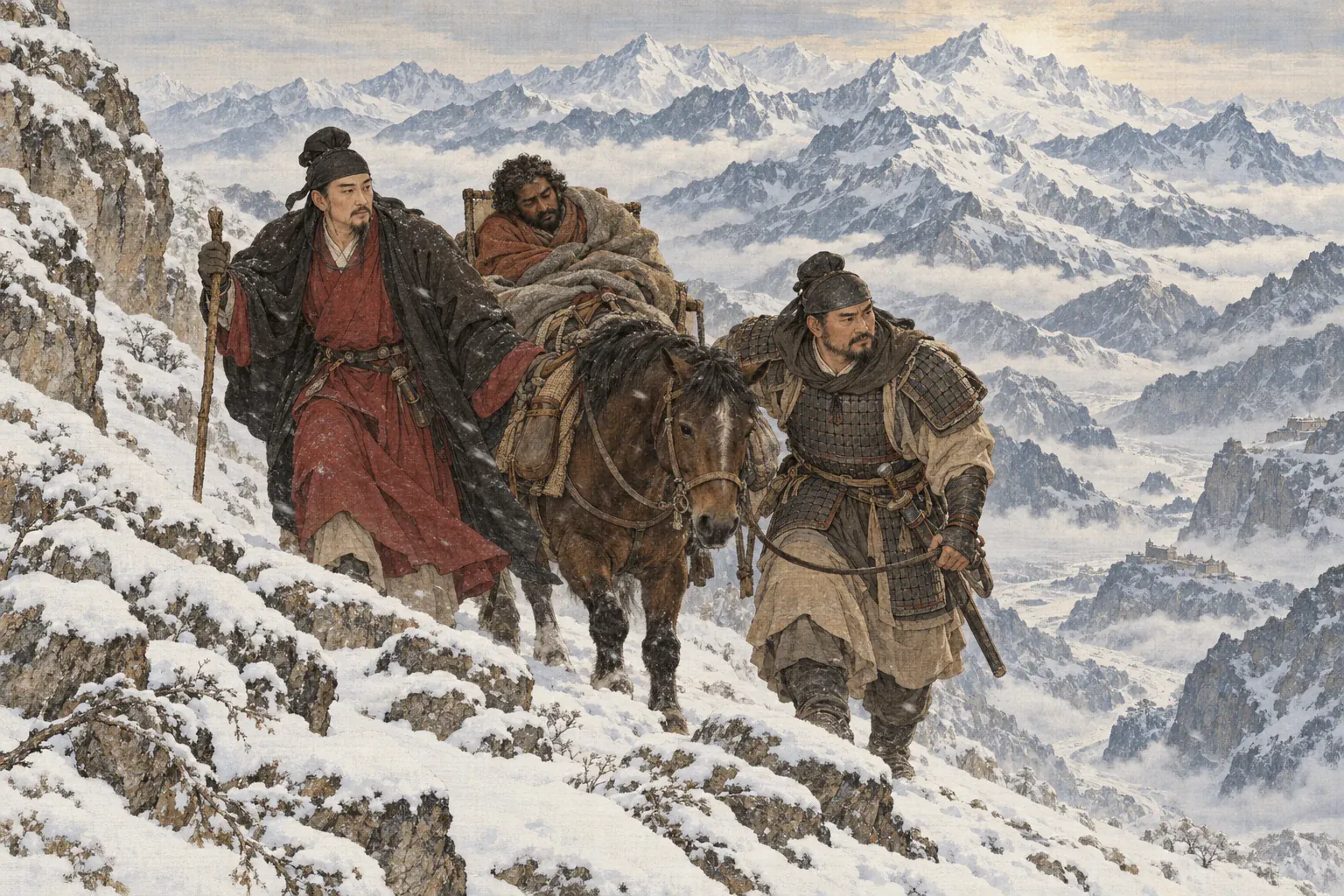 王玄策与蒋师仁在雪线上互相搀扶，背着虚弱的苏伽艰难翻山。