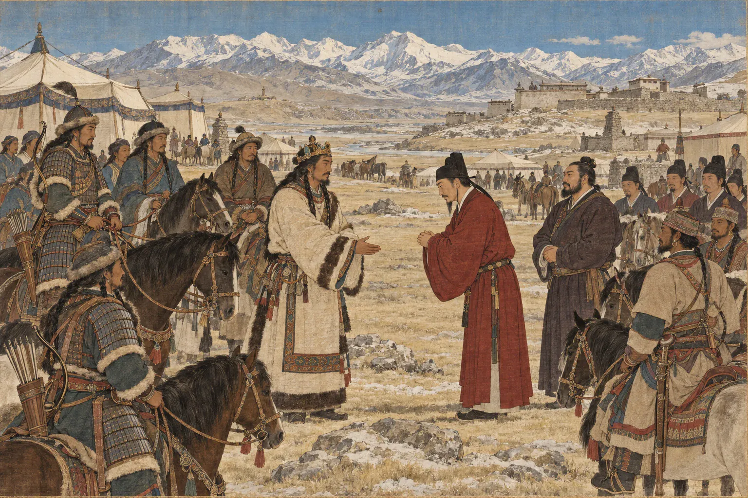 松赞干布率披甲骑兵在逻些城外迎接王玄策与尼婆罗联军。