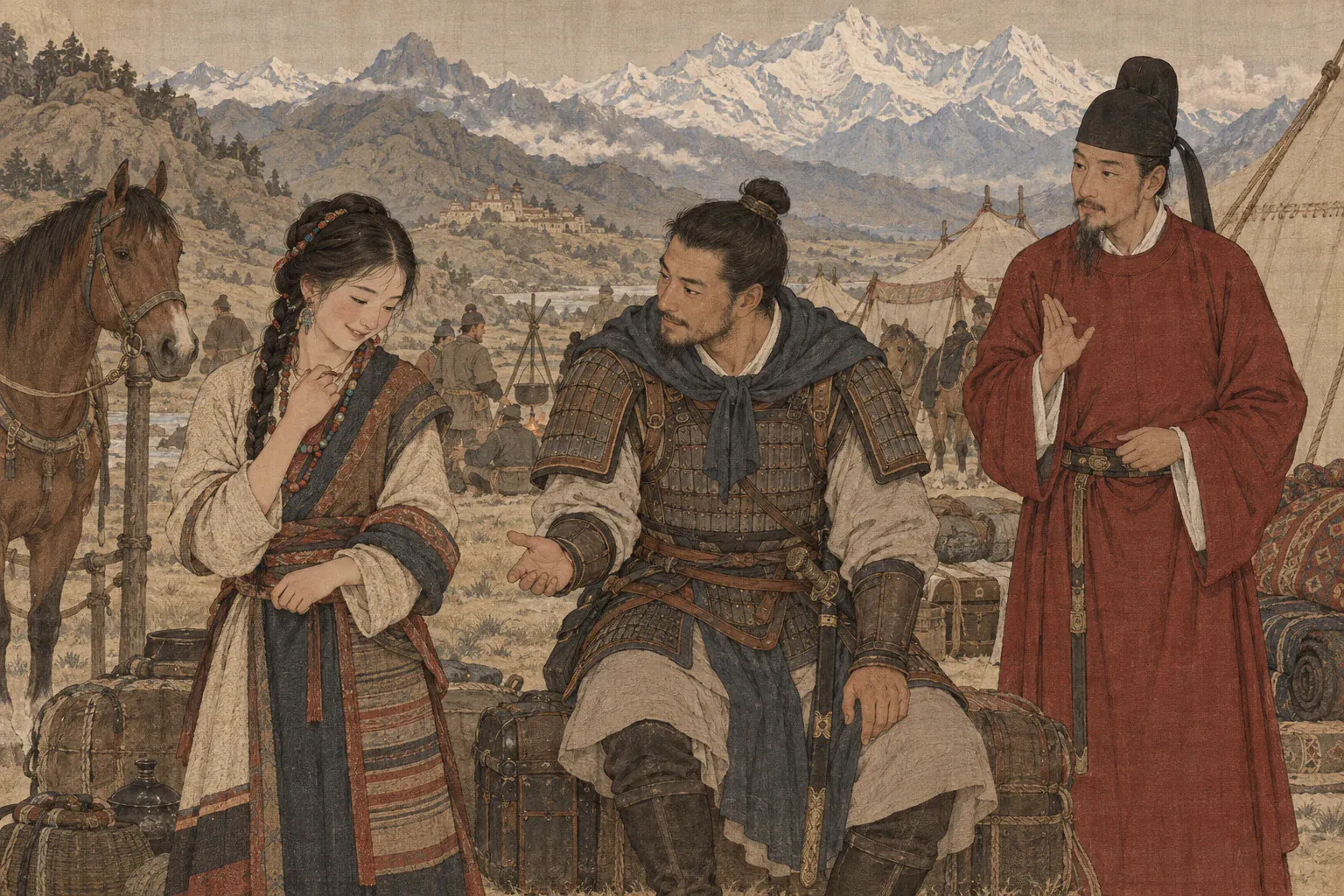 赫玛听见蒋师仁直率询问后面露羞赧，王玄策在旁示意谨慎。