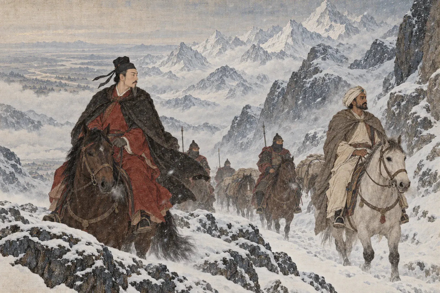 王玄策隔着风雪注视被押送的阿罗那顺，败王仍昂首坐在马上。