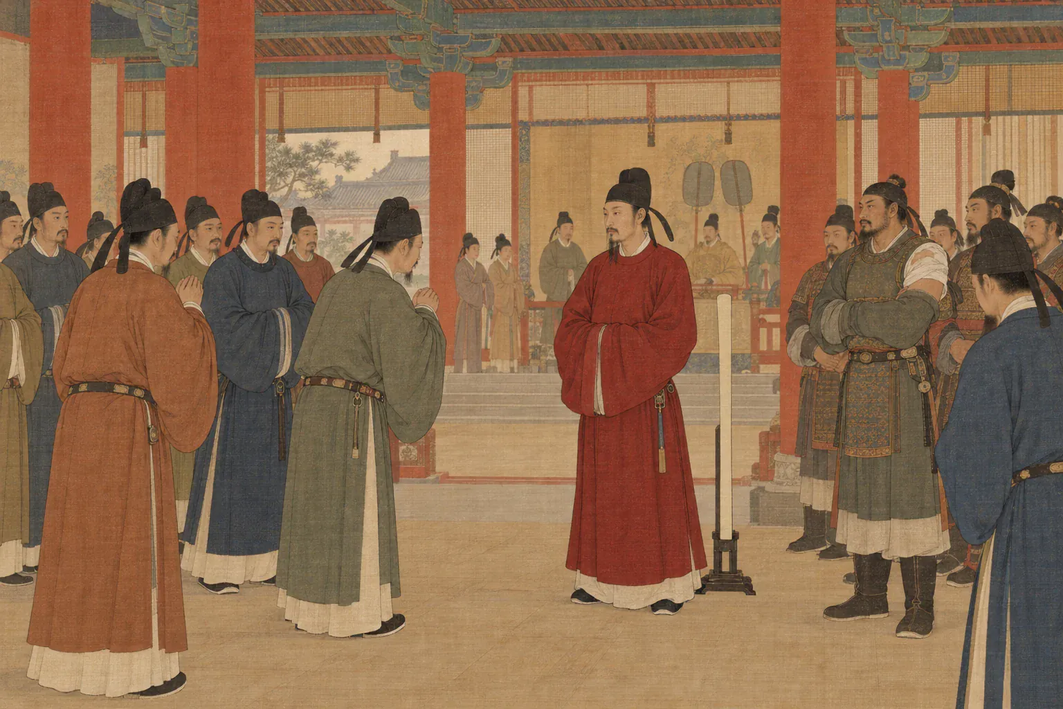 长安宫殿内群臣向归来的王玄策道贺，蒋师仁抱臂站在武将列中。